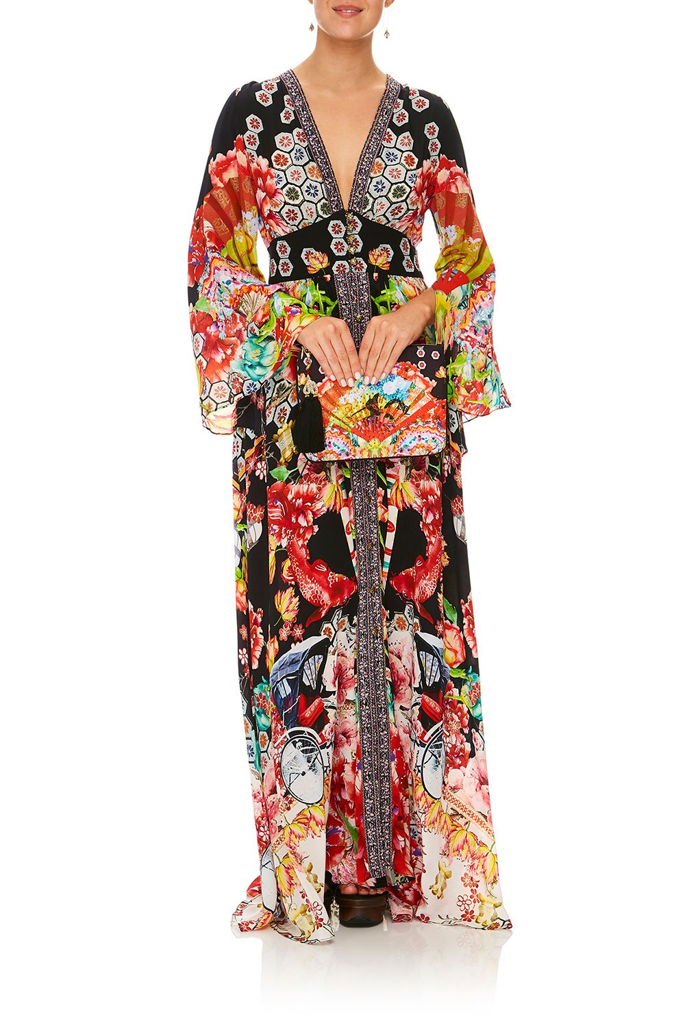 CAMILLA PAINTED LAND KIMONO SLEEVE DRESS W/ SHIRRING DETAIL