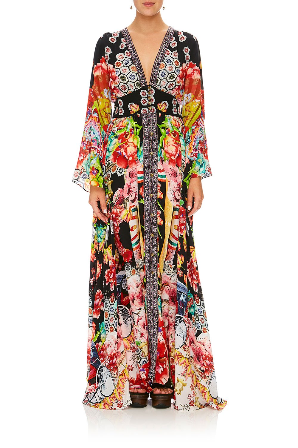 CAMILLA PAINTED LAND KIMONO SLEEVE DRESS W/ SHIRRING DETAIL