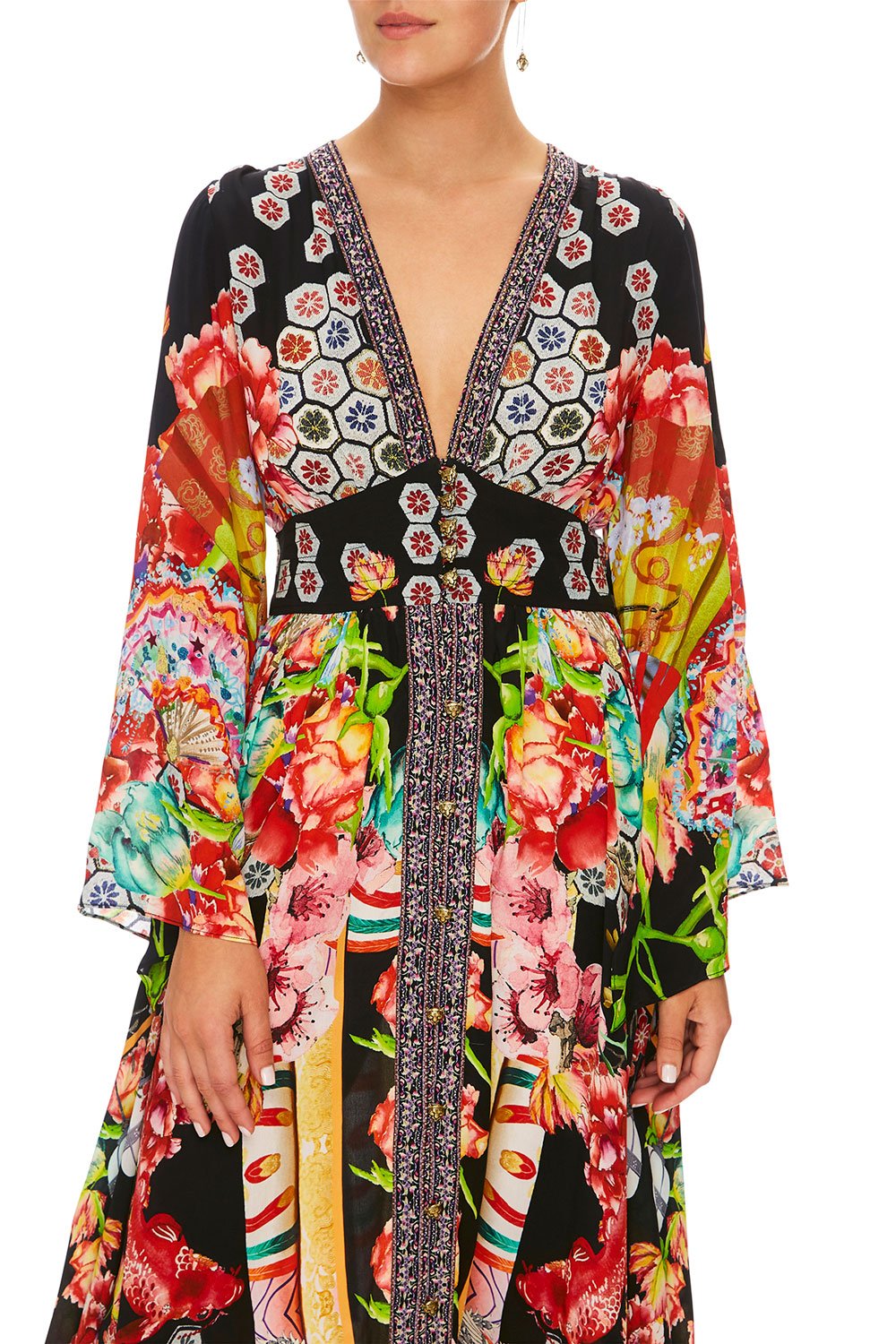 CAMILLA PAINTED LAND KIMONO SLEEVE DRESS W/ SHIRRING DETAIL