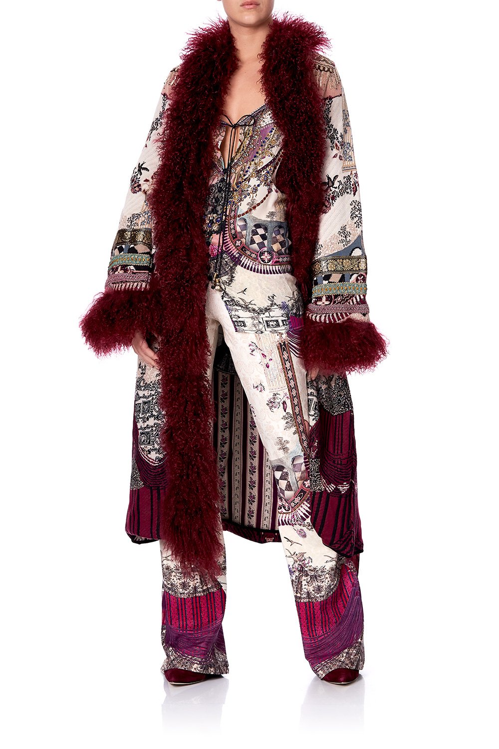 LONG KNIT JACQUARD COAT WITH FUR VIOLET CITY