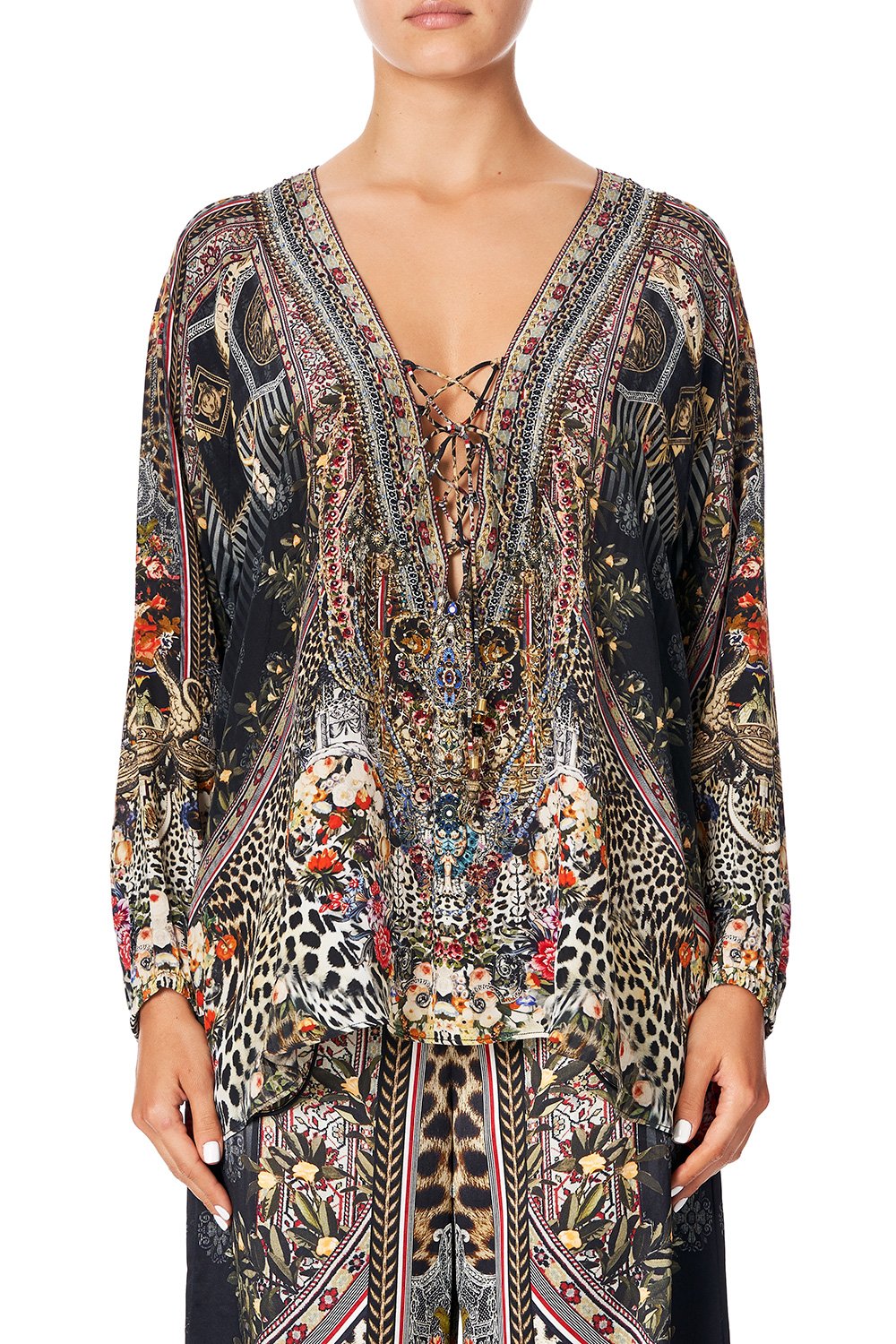 CAMILLA LACE UP BLOUSE MARAIS AT MIDNIGHT