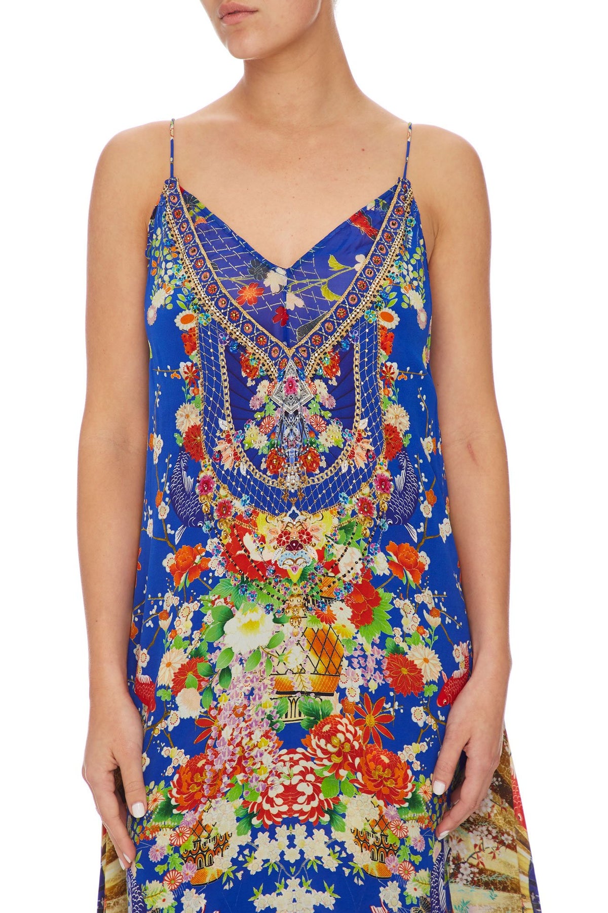 CAMILLA LONG DRESS W/ SHEER UNDERLAY PLAYING KOI