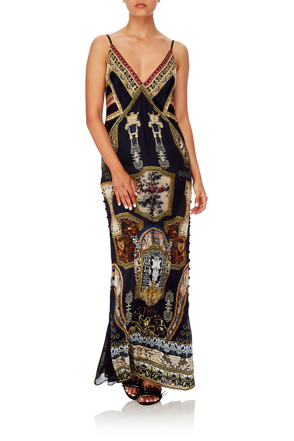 CAMILLA LONG GODET SLIP DRESS MIDNIGHT MEETING