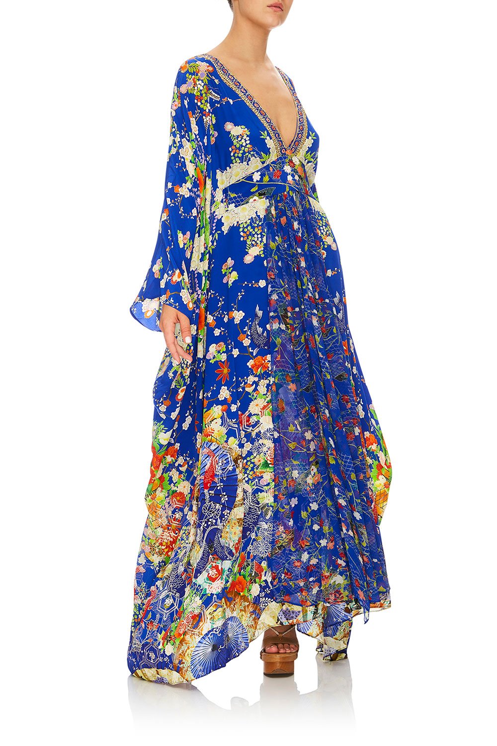 CAMILLA LONG KAFTAN WITH WAISTBAND PLAYING KOI