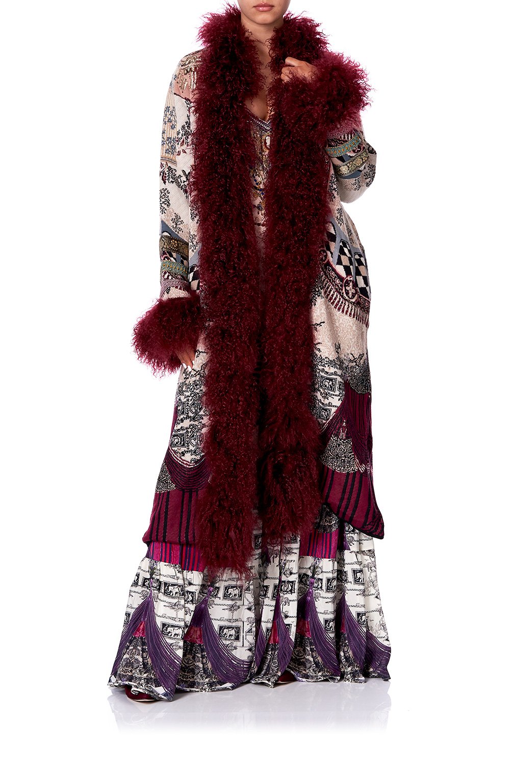 LONG KNIT JACQUARD COAT WITH FUR VIOLET CITY