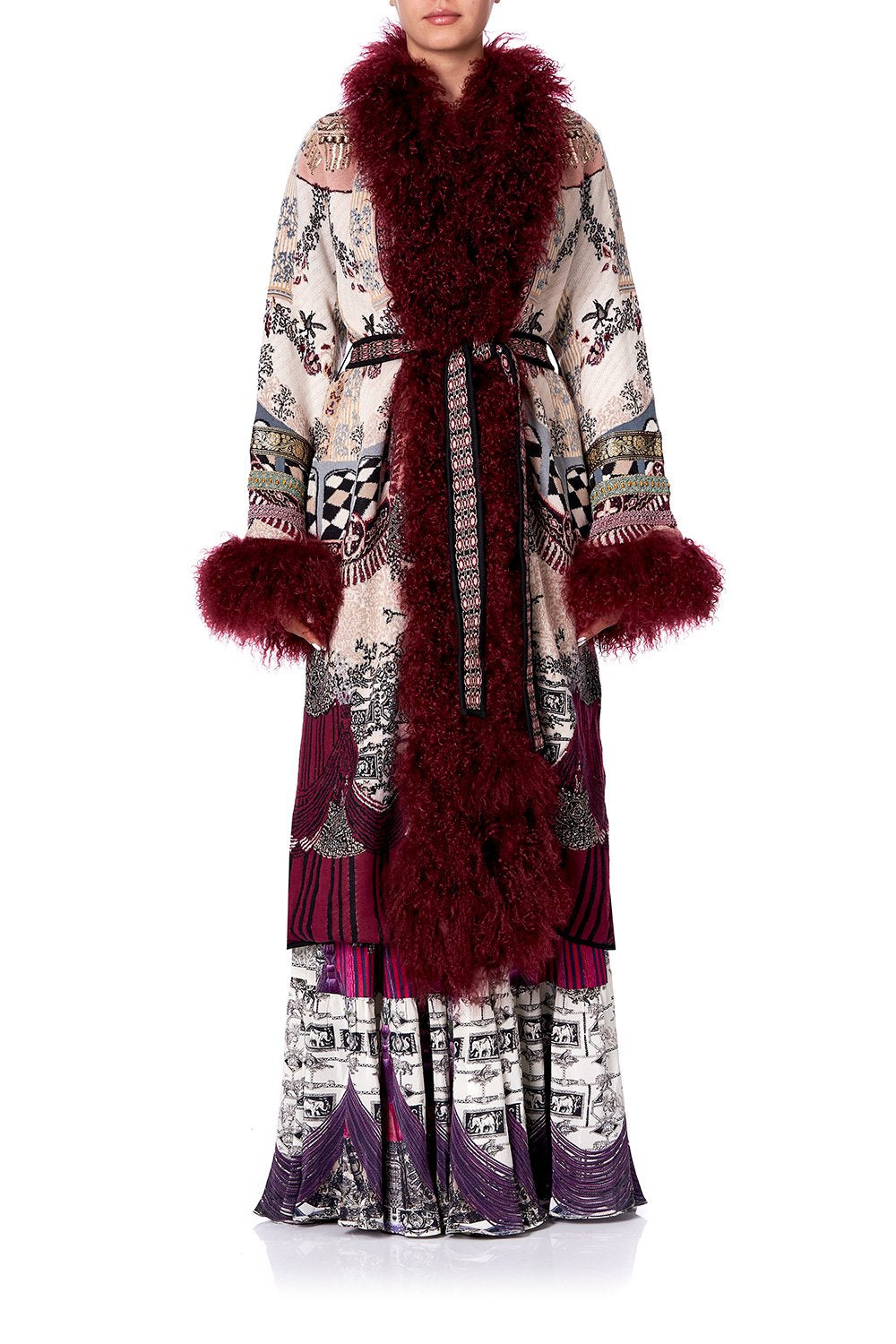 LONG KNIT JACQUARD COAT WITH FUR VIOLET CITY