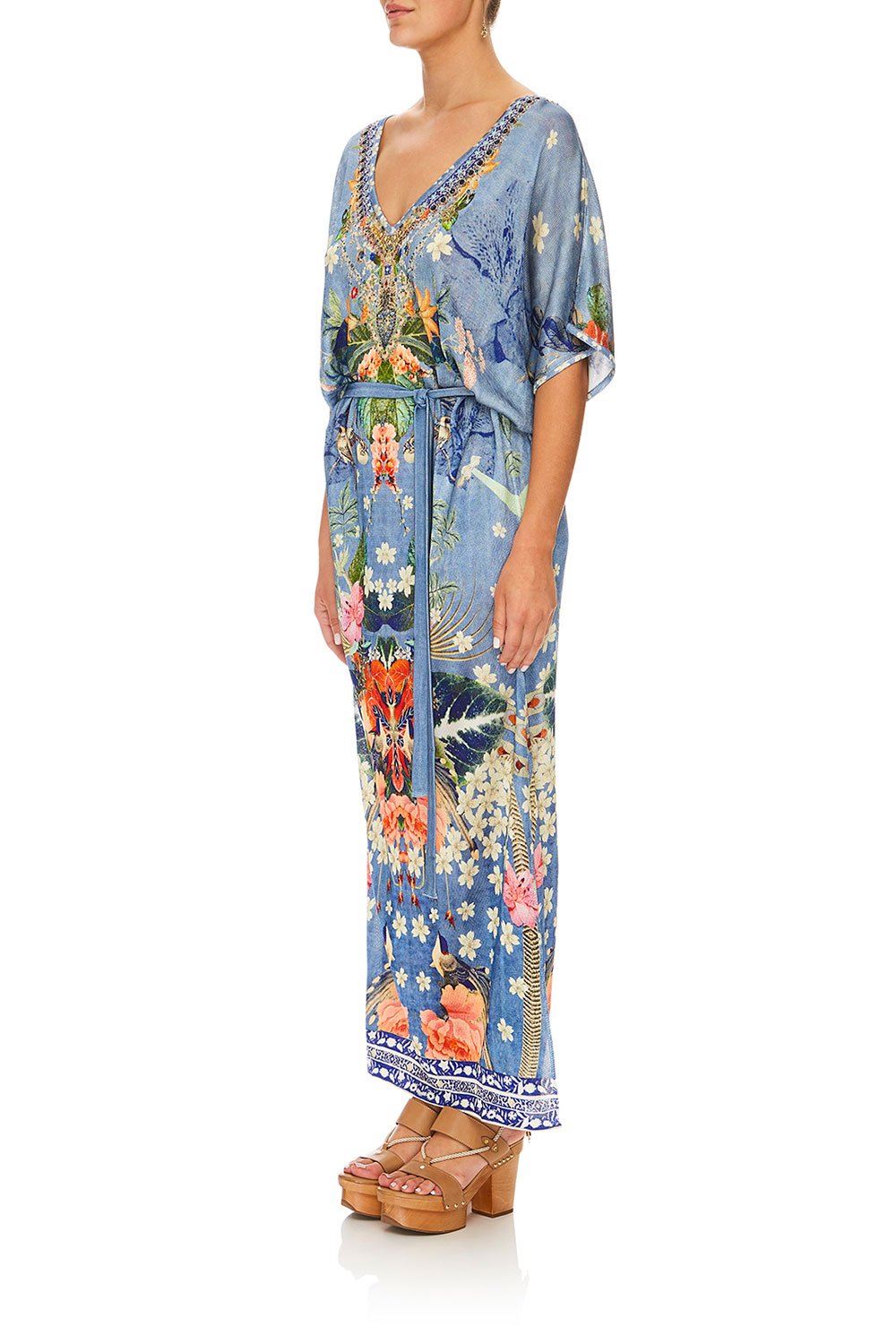 CAMILLA FARAWAY FLORALS LONG V NECK DRESS W/ TIE