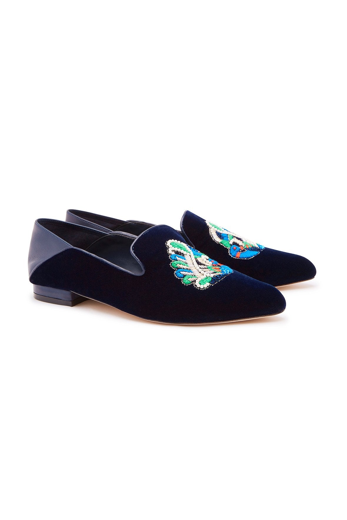 NAVY PEACOCK VELVET SLIPPER WITH FOLDED HEEL