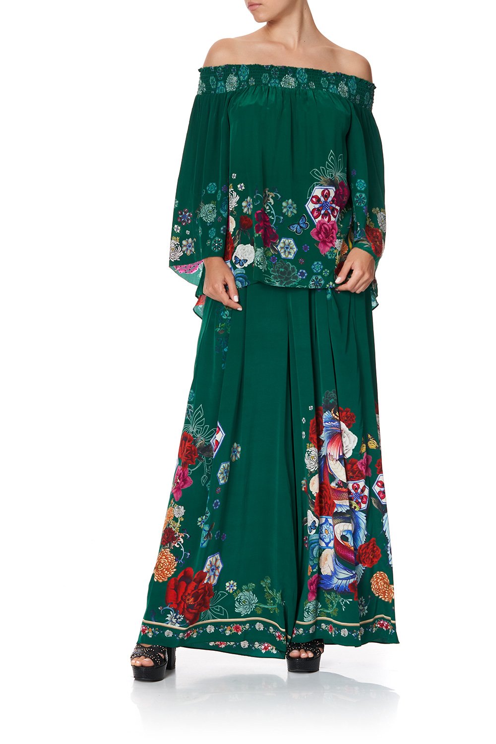 OFF SHOULDER SHIRRED BLOUSE EMERALD'S ORBIT