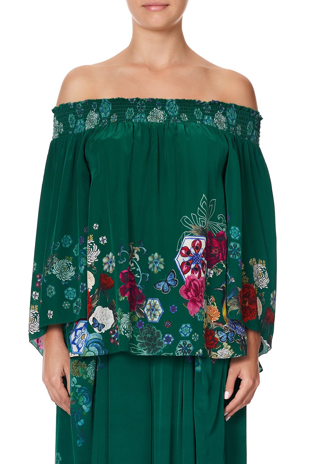 OFF SHOULDER SHIRRED BLOUSE EMERALD'S ORBIT