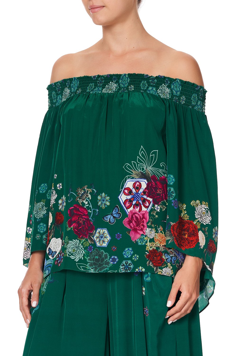 OFF SHOULDER SHIRRED BLOUSE EMERALD'S ORBIT