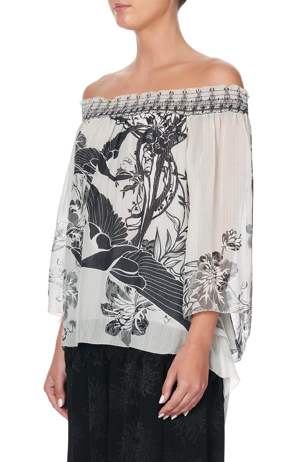 OFF SHOULDER SHIRRED BLOUSE SILVER LININGS