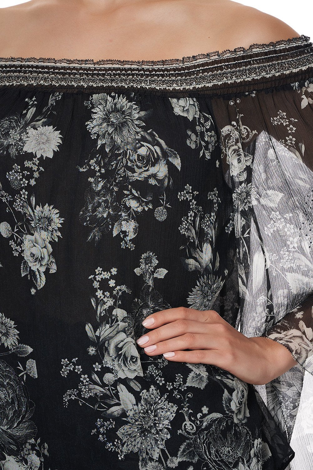 OFF SHOULDER SHIRRED BLOUSE MOONSHINE BLOOM