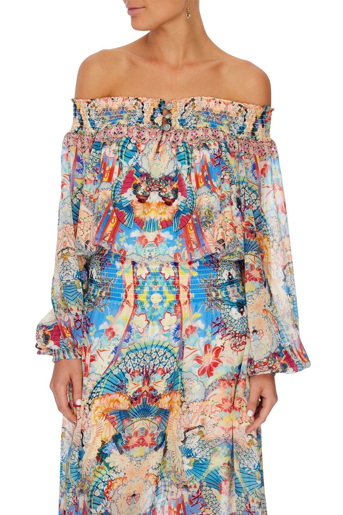 OFF SHOULDER SHIRRED DRESS MISO IN LOVE