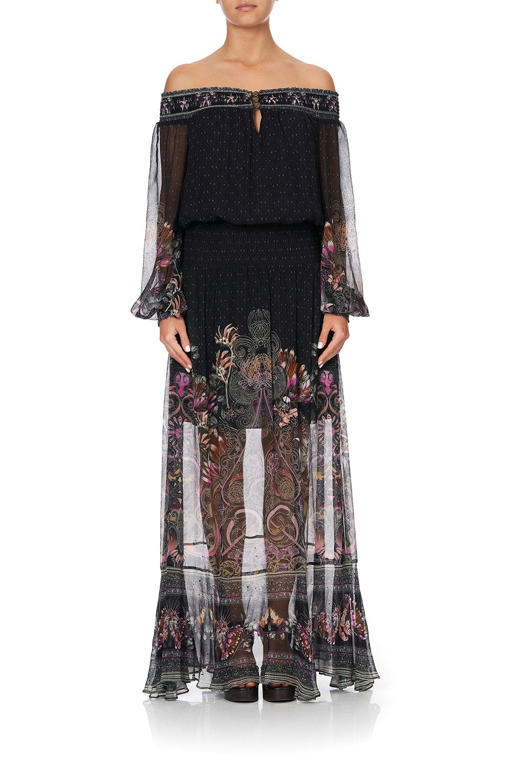 OFF SHOULDER SHIRRED DRESS RESTLESS NIGHTS