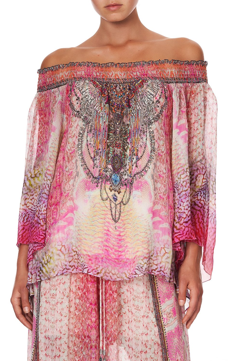 OFF SHOULDER SHIRRED BLOUSE SERPENTINE DREAMS