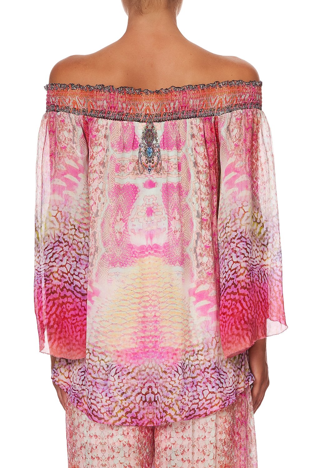 OFF SHOULDER SHIRRED BLOUSE SERPENTINE DREAMS