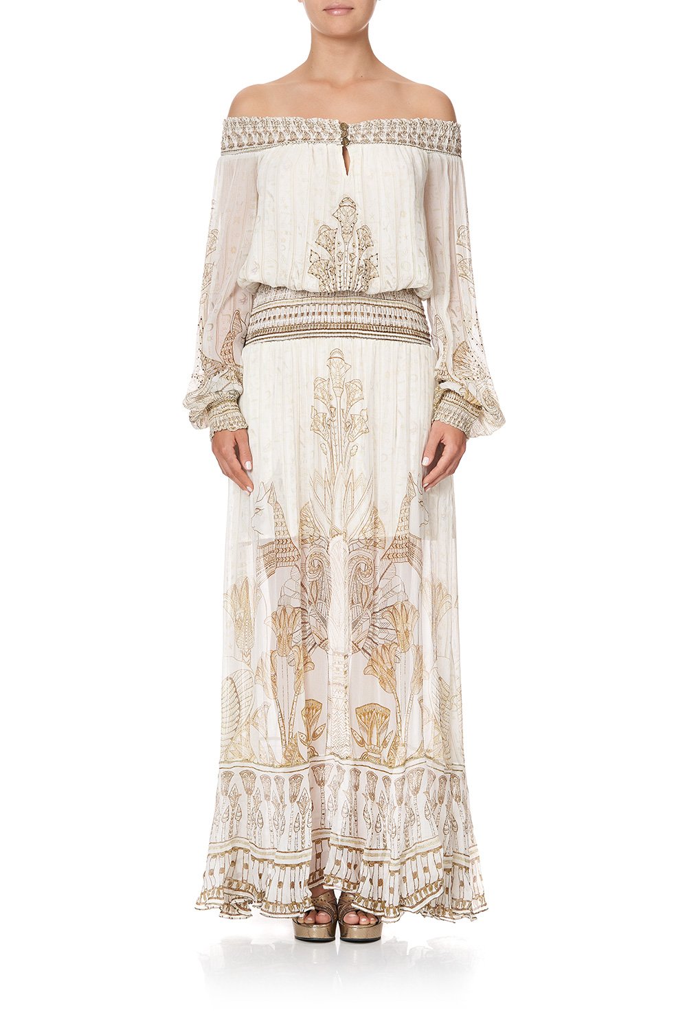 OFF SHOULDER SHIRRED DRESS THE QUEENS CHAMBER