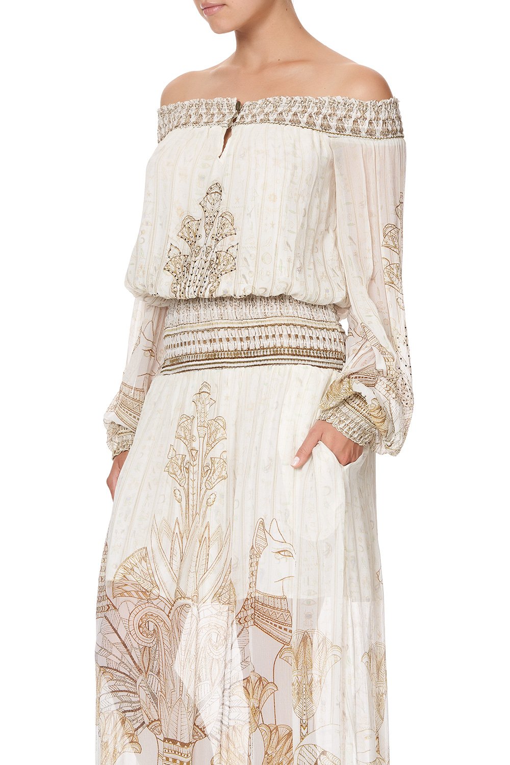 OFF SHOULDER SHIRRED DRESS THE QUEENS CHAMBER