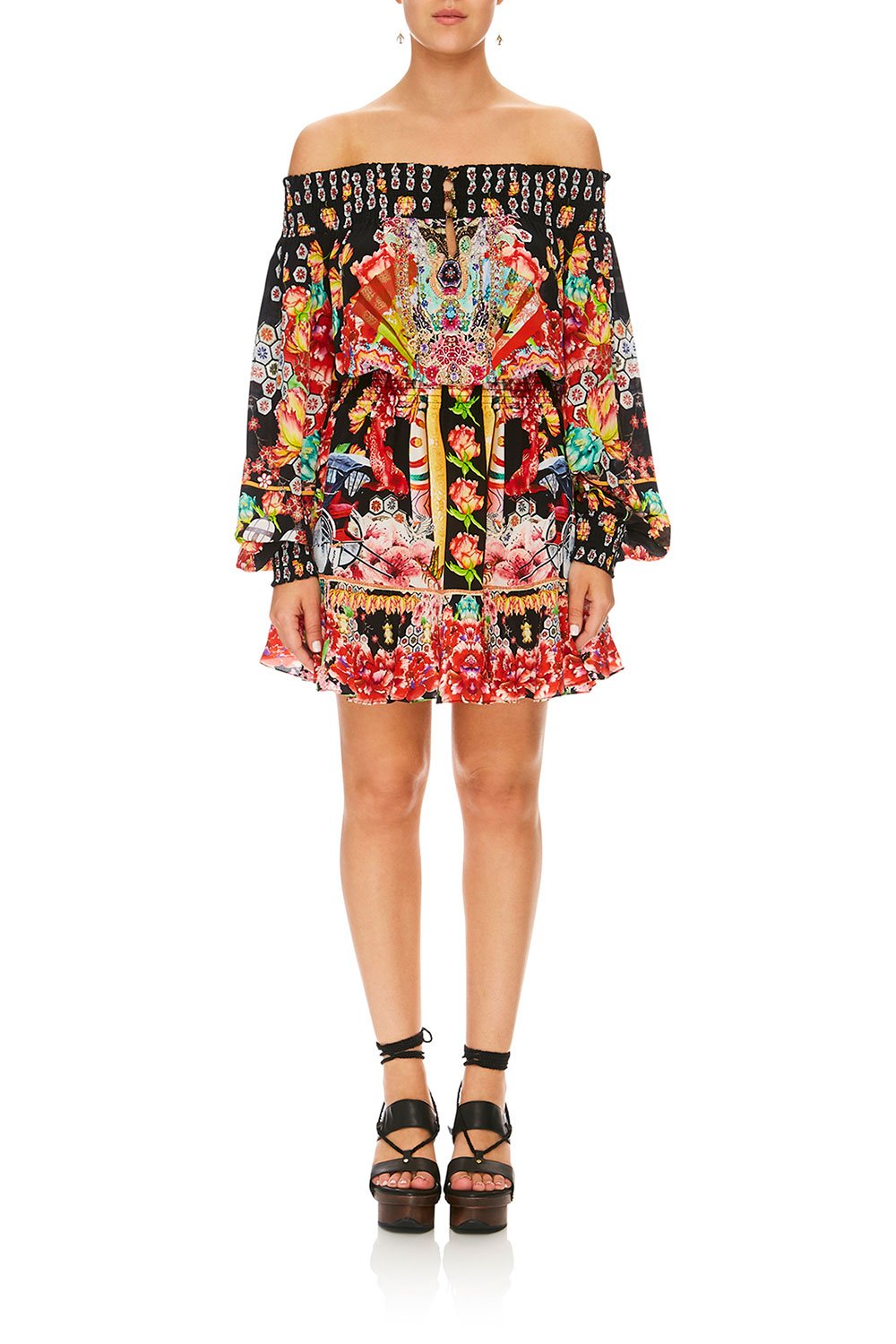 CAMILLA PAINTED LAND OFF SHOULDER SHORT DRESS