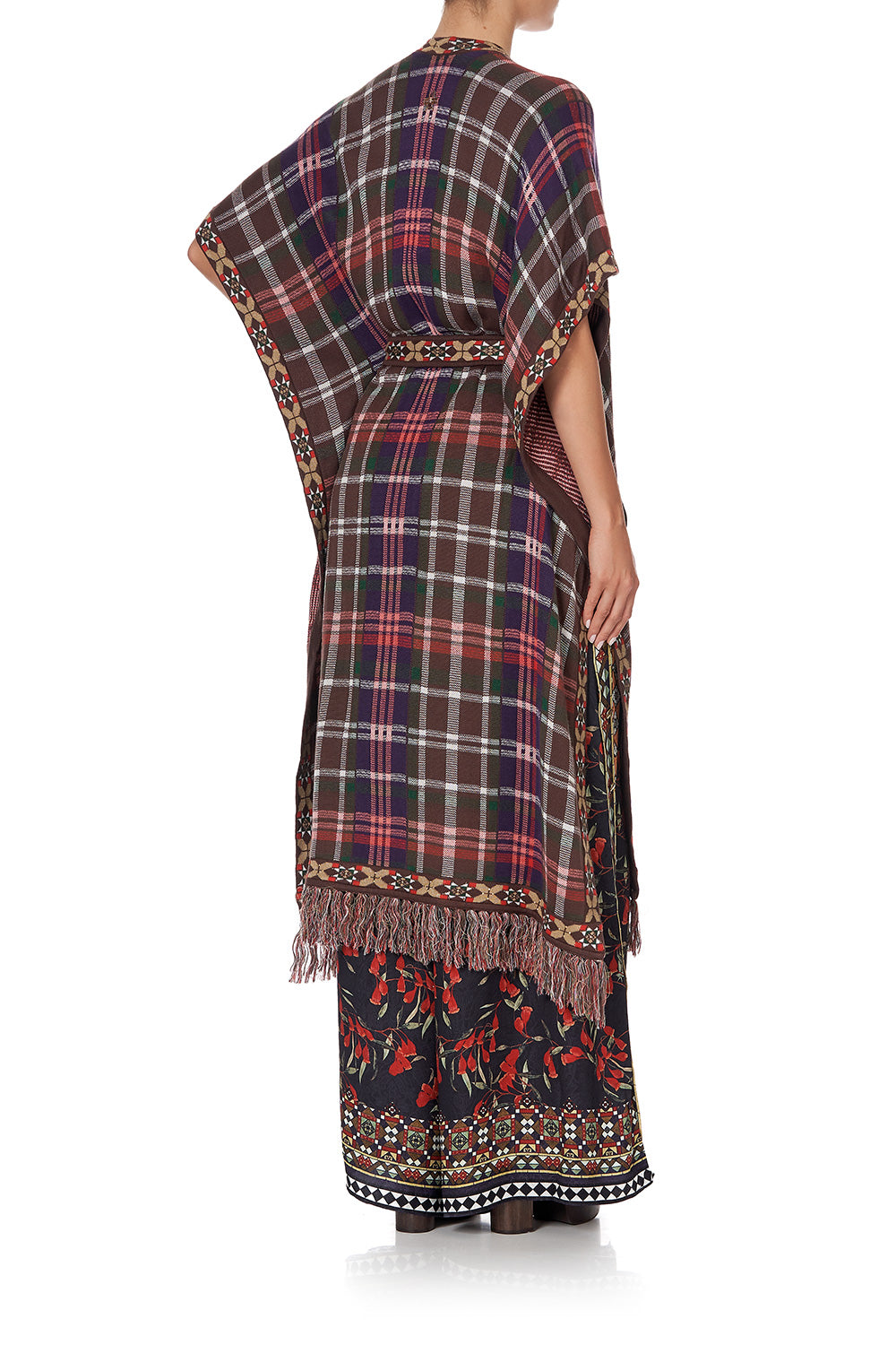 TIE FRONT PONCHO WITH FRINGING PAVED IN PAISLEY