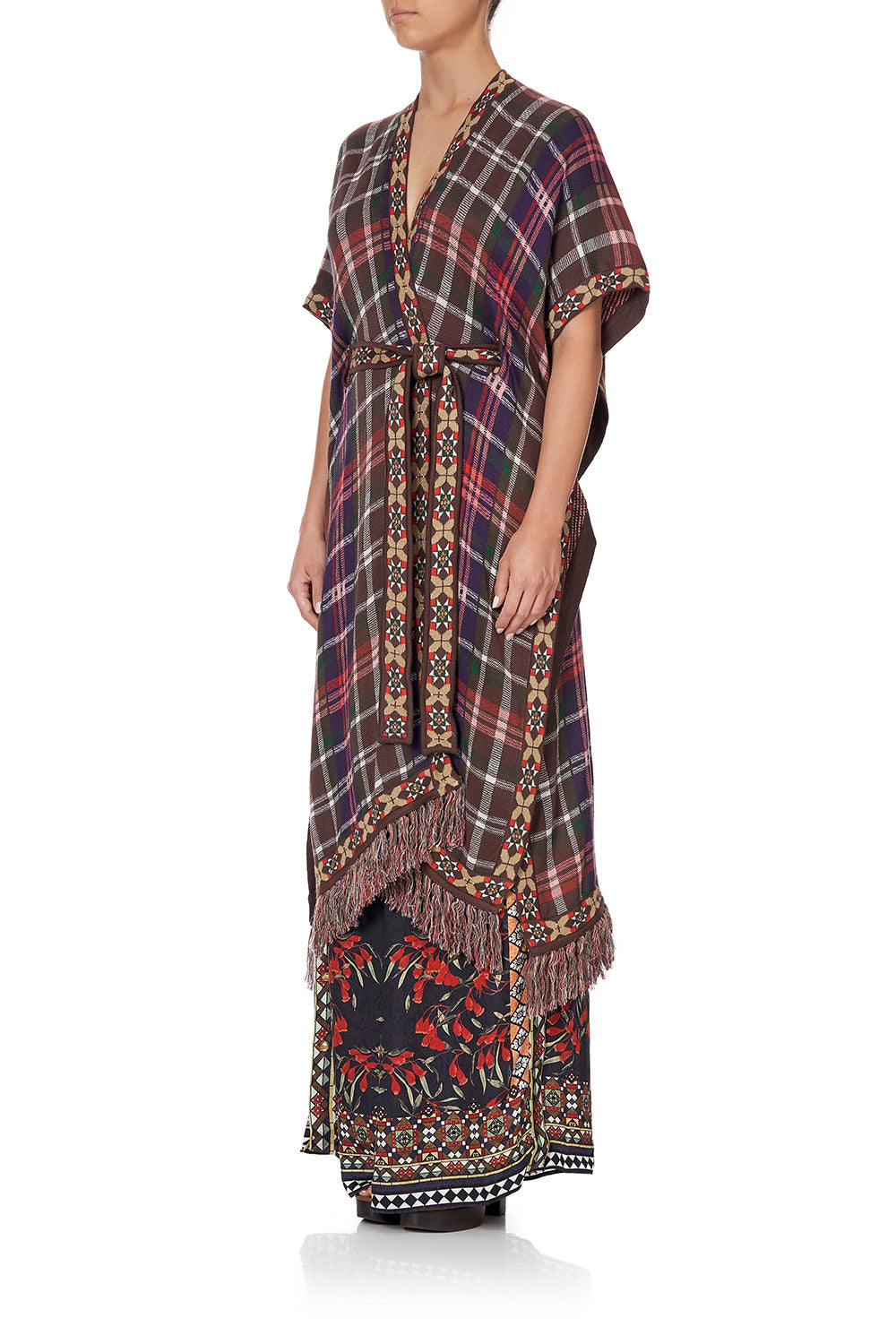 TIE FRONT PONCHO WITH FRINGING PAVED IN PAISLEY