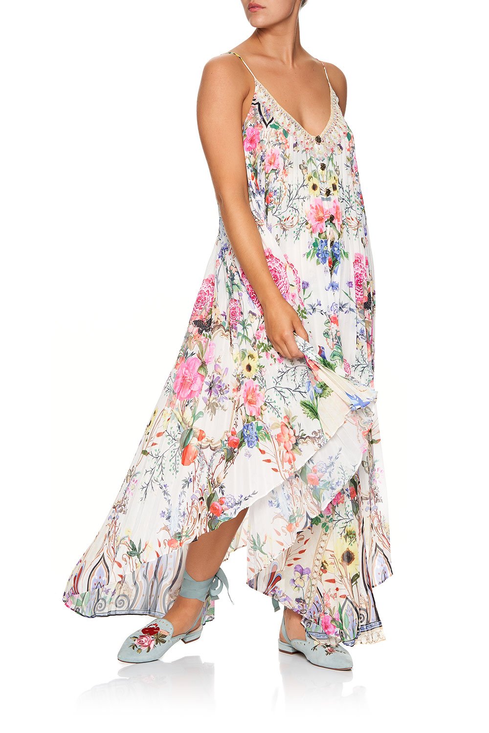 PLEATED BUTTON FRONT SLIP DRESS BOHEME