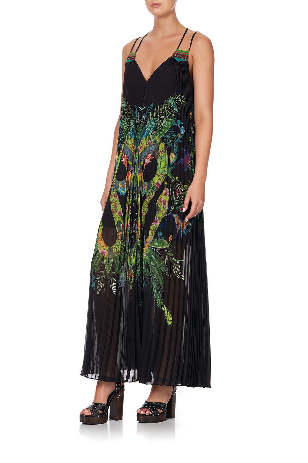 PLEATED MAXI DRESS WITH YOKE RIVER CRUISE