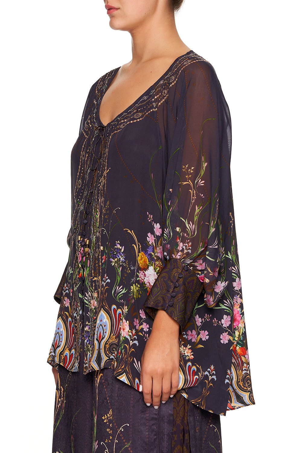 CAMILLA RAGLAN SLEEVE BUTTON UP TOP WILD FLOWER