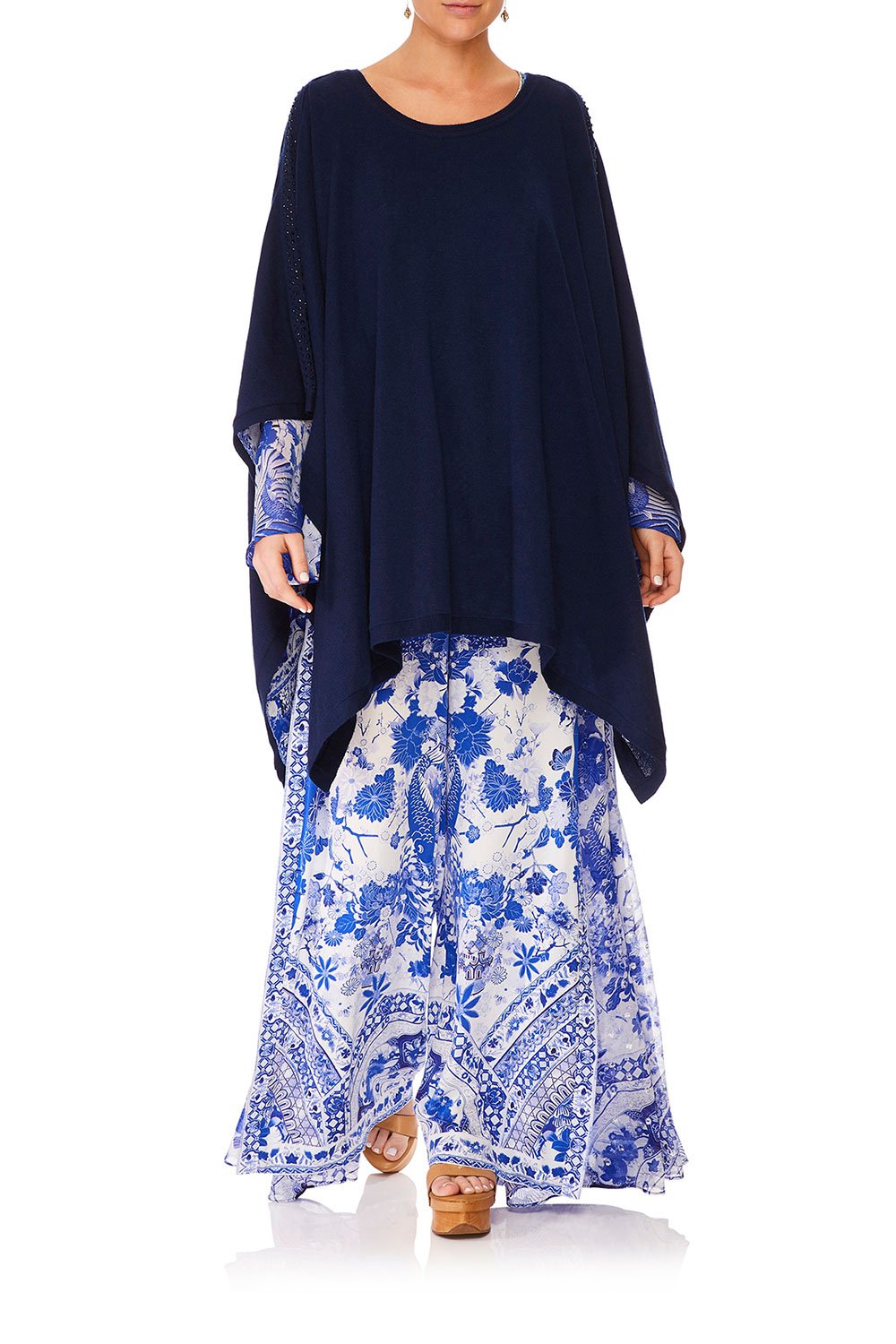 CAMILLA THE FAN SEA ROUND NECK PONCHO W FULL LINING