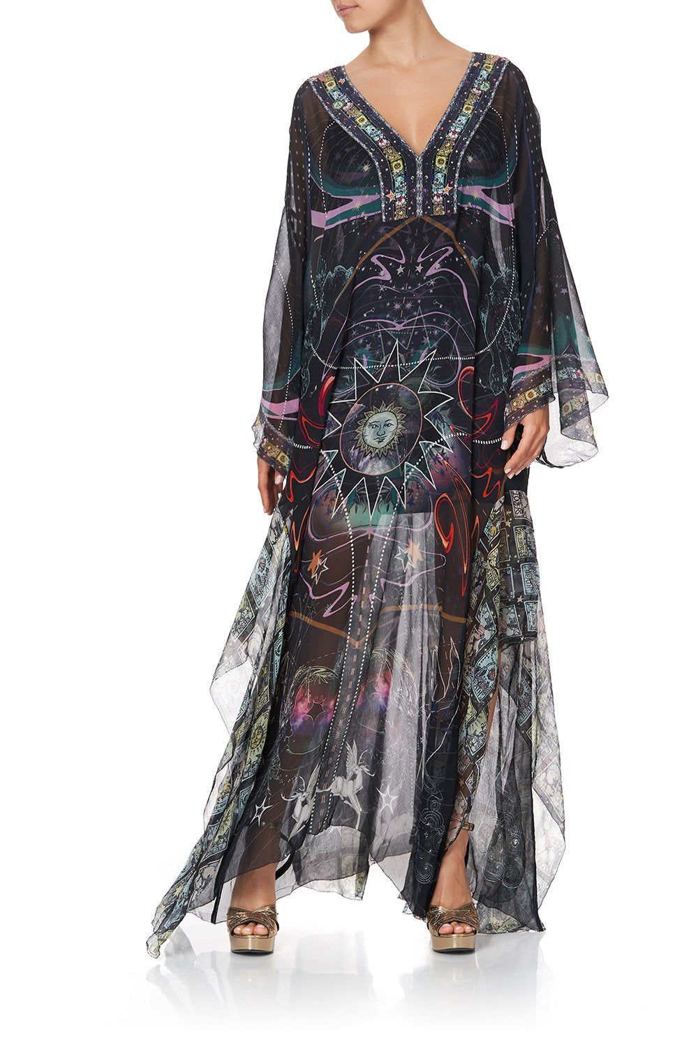 SHEER KAFTAN WITH TIE AND SLIP MIDNIGHT MOON HOUSE