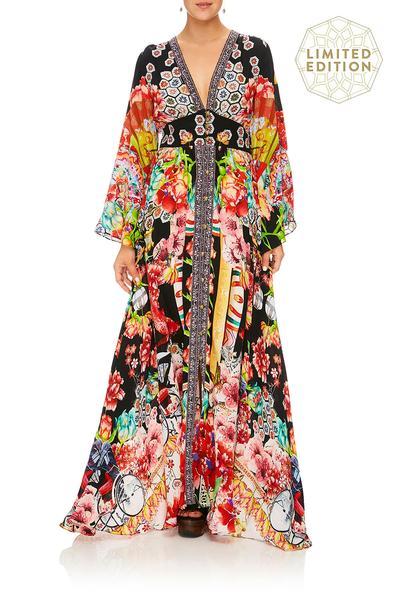KIMONO SLEEVE DRESS WITH SHIRRING DETAIL PAINTED LAND