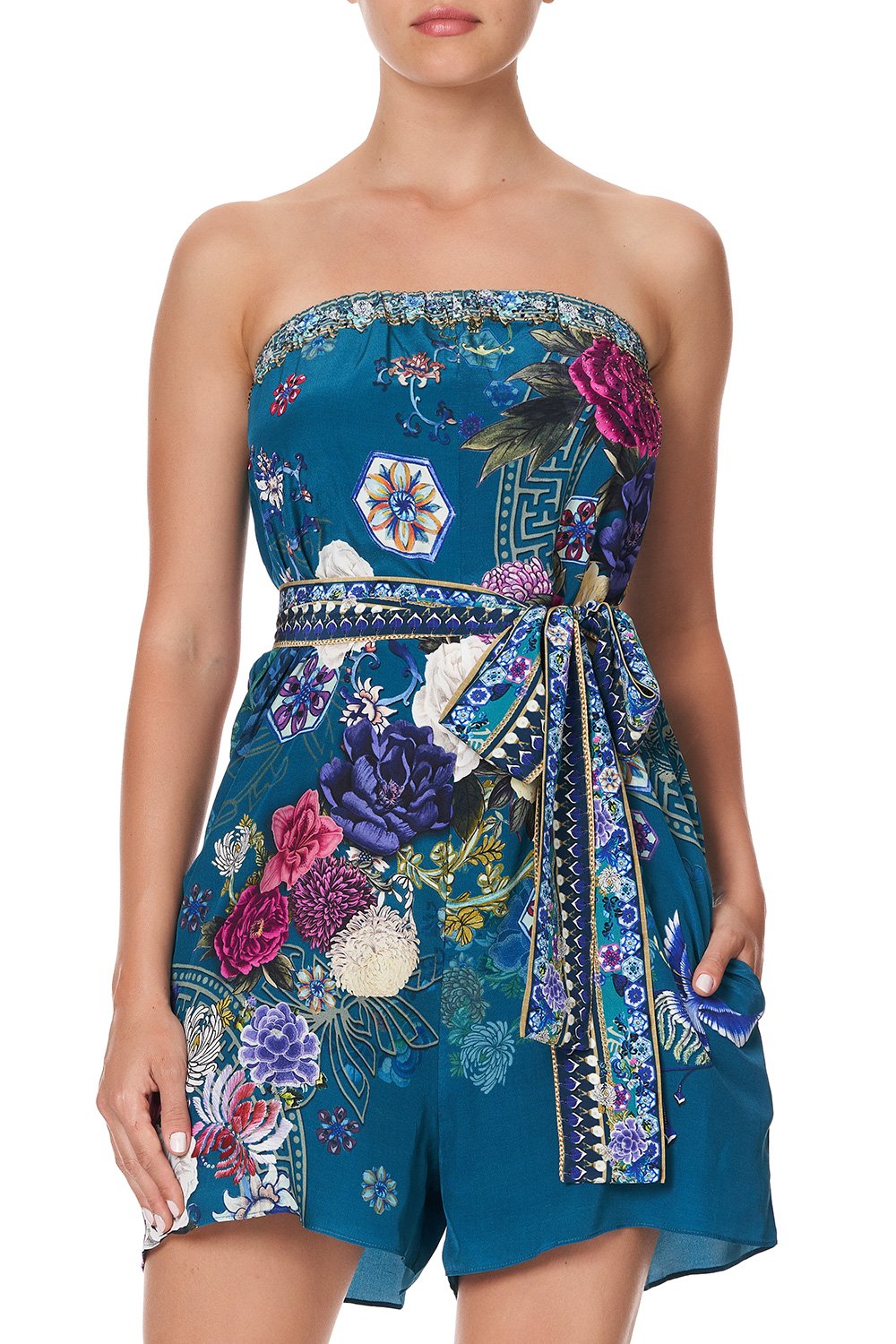 STRAPLESS PLAYSUIT WITH WAIST TIE LUNAR GAZING