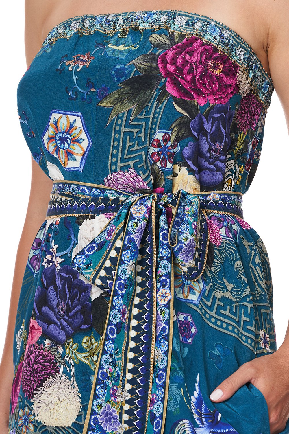 STRAPLESS PLAYSUIT WITH WAIST TIE LUNAR GAZING