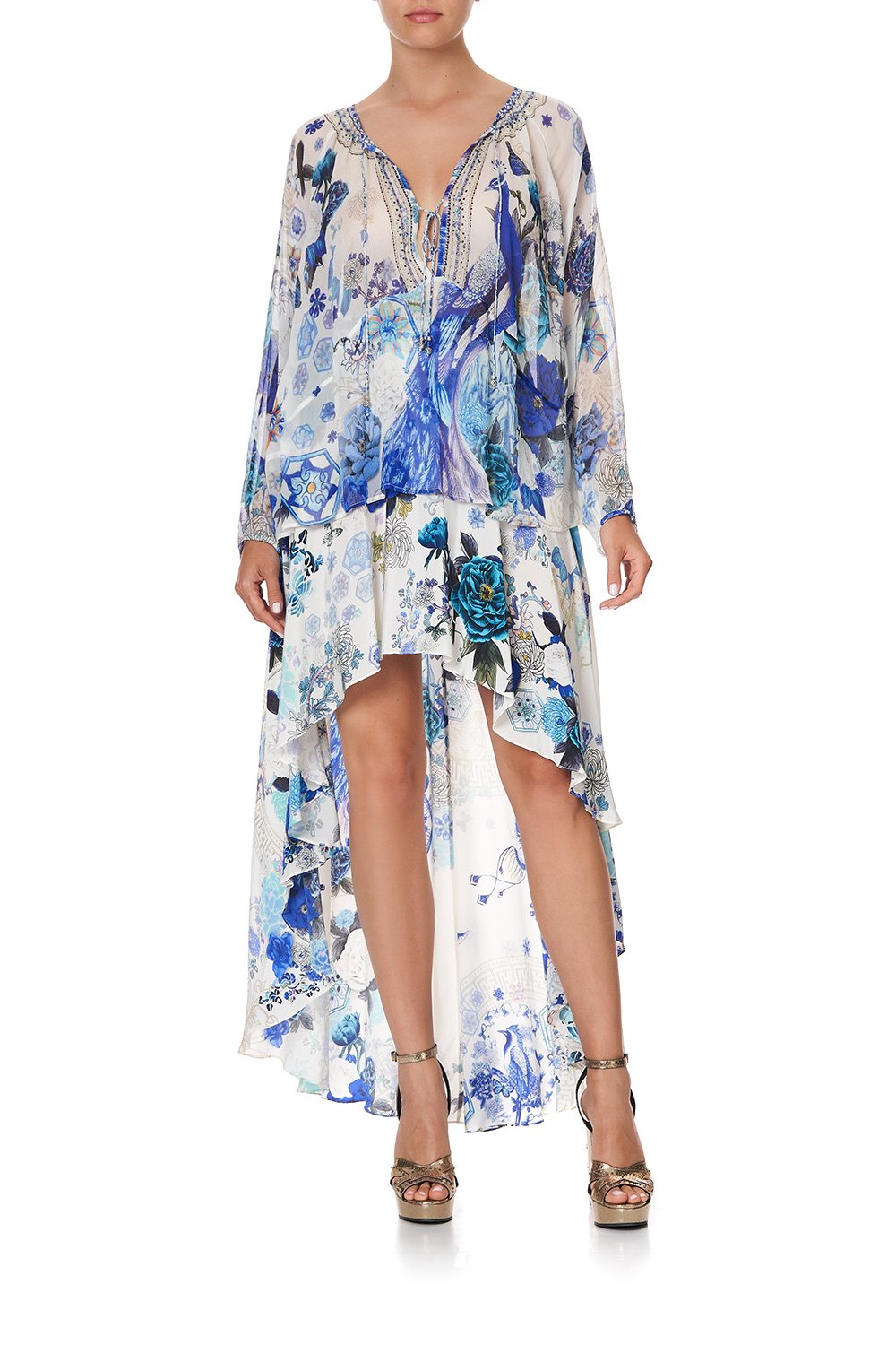 TIE FRONT HIGH LOW HEM BLOUSE WHITE SIDE OF THE MOON