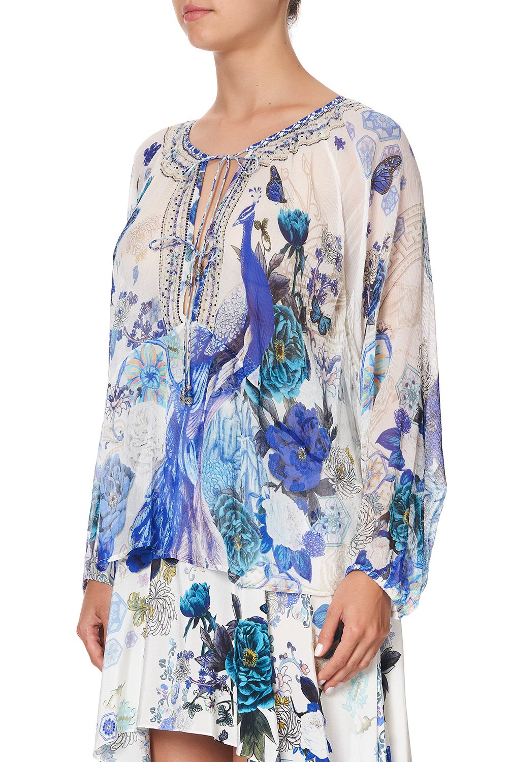 TIE FRONT HIGH LOW HEM BLOUSE WHITE SIDE OF THE MOON