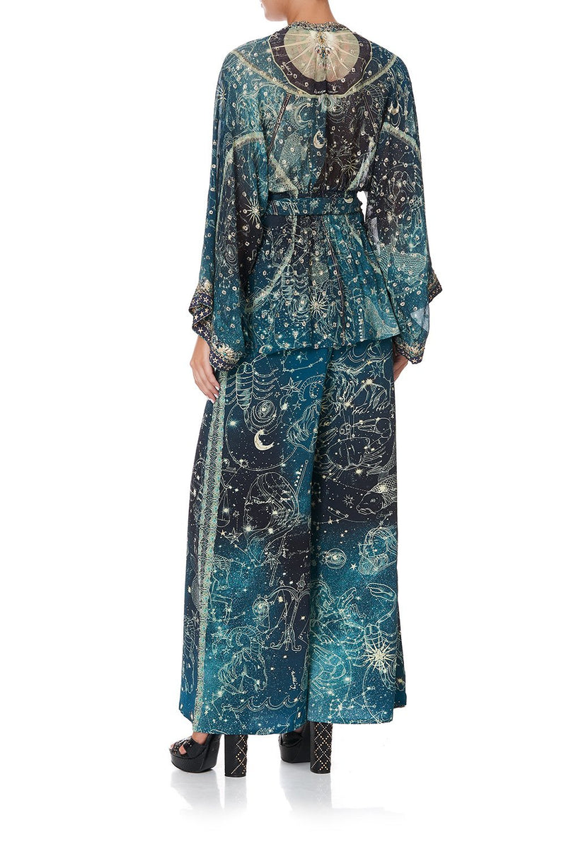 TIE FRONT WIDE SLEEVE BLOUSE WITH SHIRRED BACK JUNGLE LANGUAGE