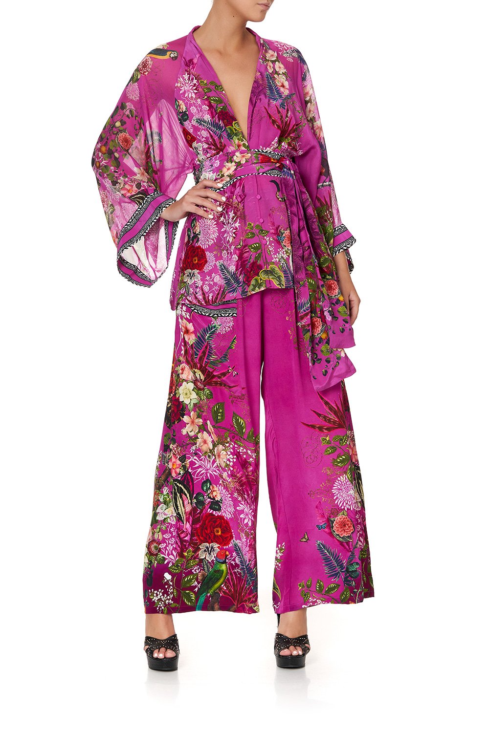 TIE FRONT WIDE SLEEVE BLOUSE WITH SHIRRED BACK JUNGLE LANGUAGE