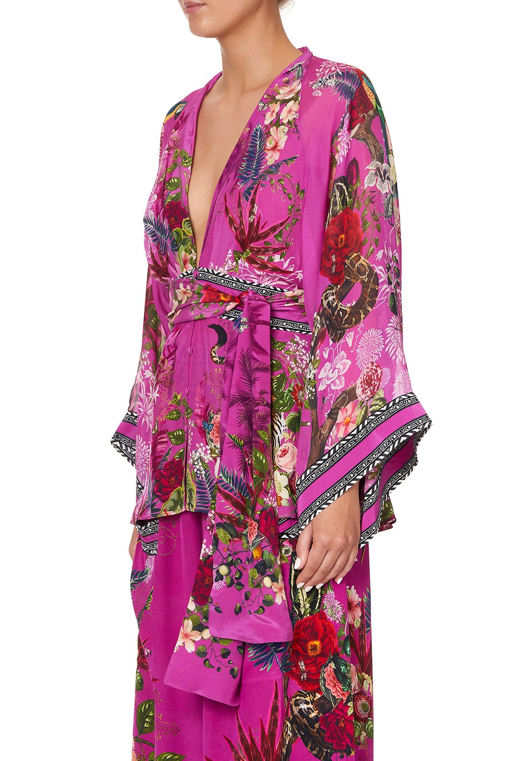 TIE FRONT WIDE SLEEVE BLOUSE WITH SHIRRED BACK JUNGLE LANGUAGE