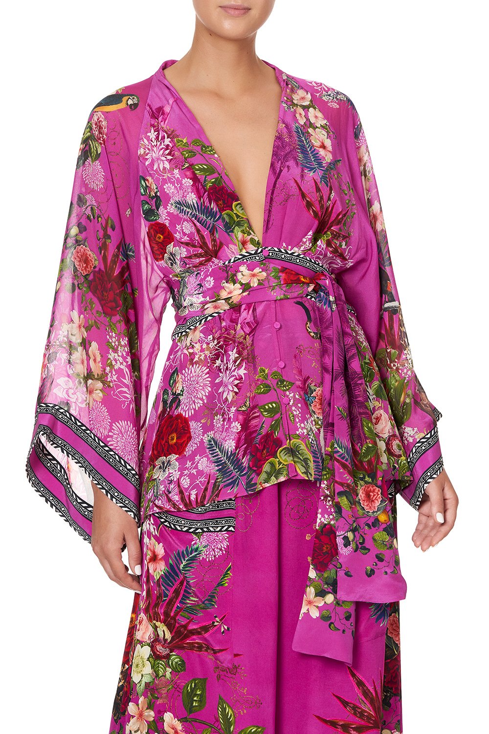 TIE FRONT WIDE SLEEVE BLOUSE WITH SHIRRED BACK JUNGLE LANGUAGE