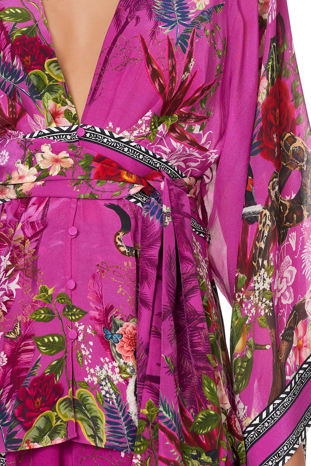 TIE FRONT WIDE SLEEVE BLOUSE WITH SHIRRED BACK JUNGLE LANGUAGE