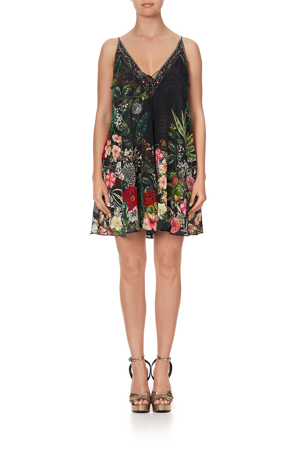 V NECK DRESS WITH NECKBANDS RAISED WITH WOLVES