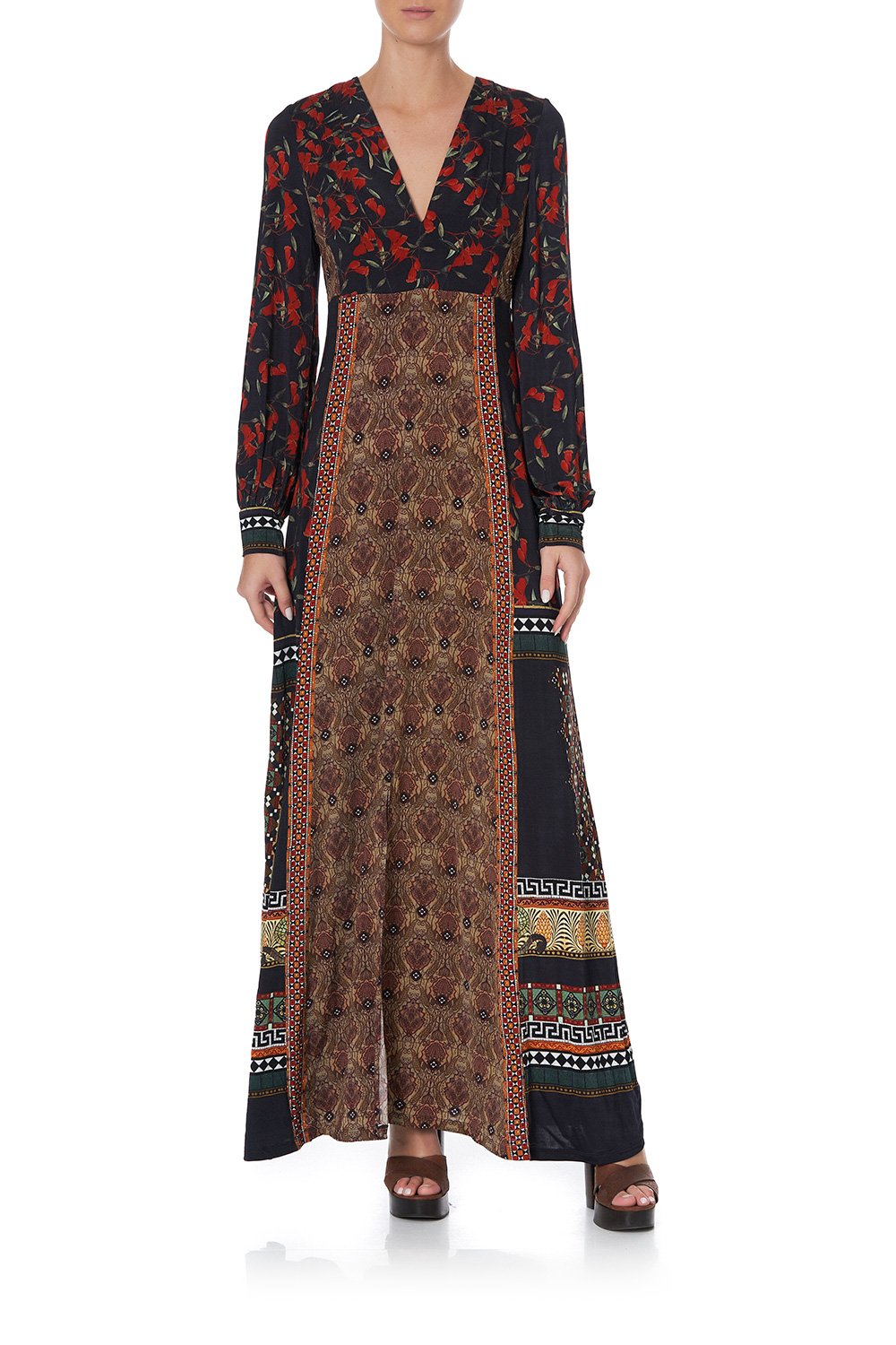V NECK JERSEY DRESS WITH TUCK DETAIL PAVED IN PAISLEY