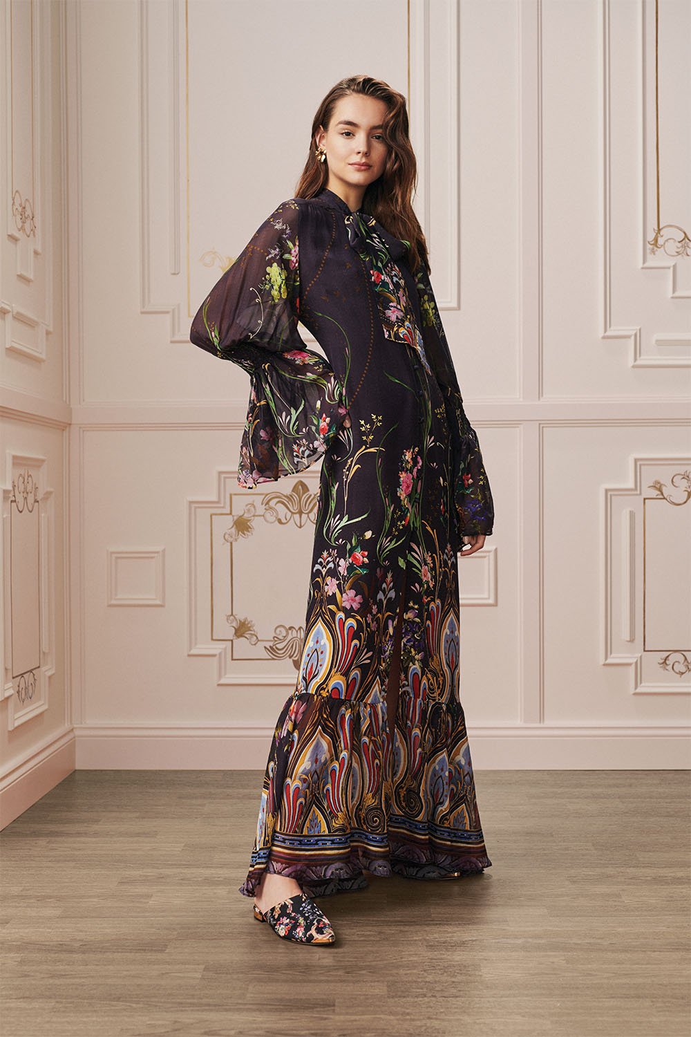 ELASTIC SLEEVE TIE FRONT DRESS WILD FLOWER