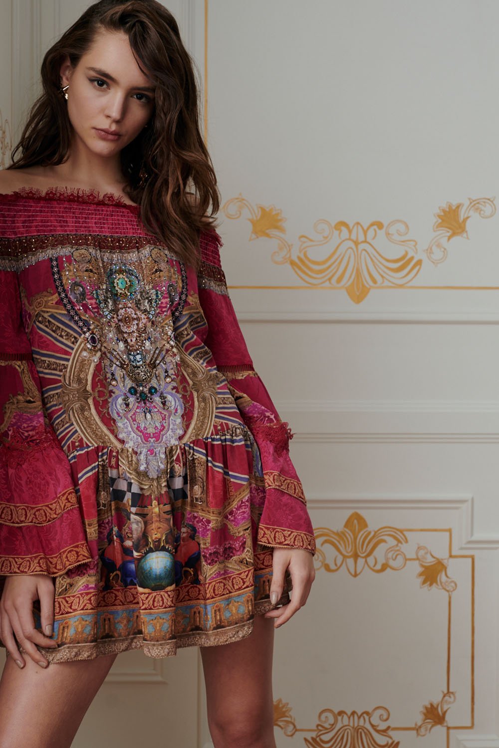 OFF SHOULDER DRESS WITH SMOCKING LOUNGE HOUR