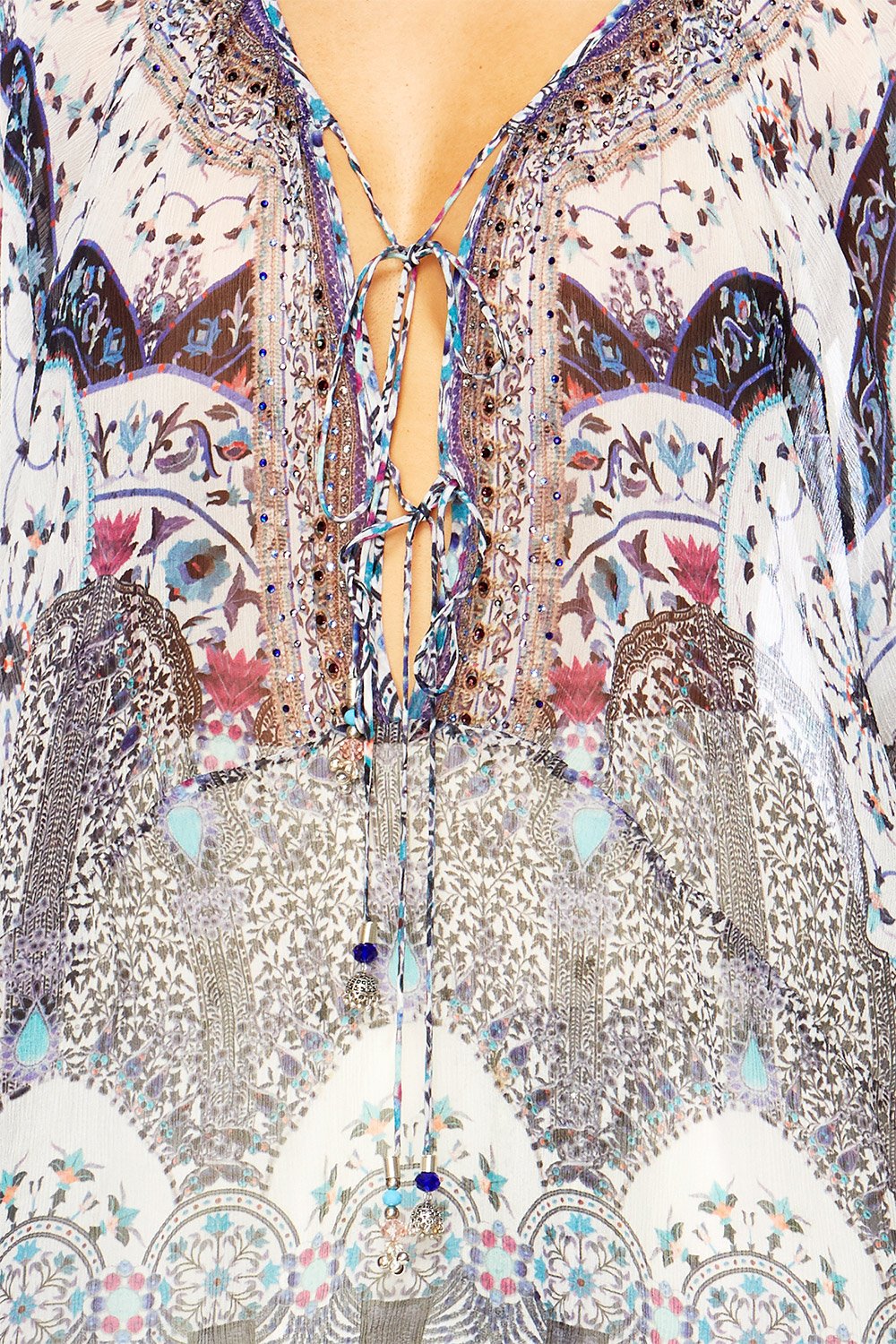 IN THE CONSTELLATIONS TIE FRONT HIGH LOW HEM BLOUSE