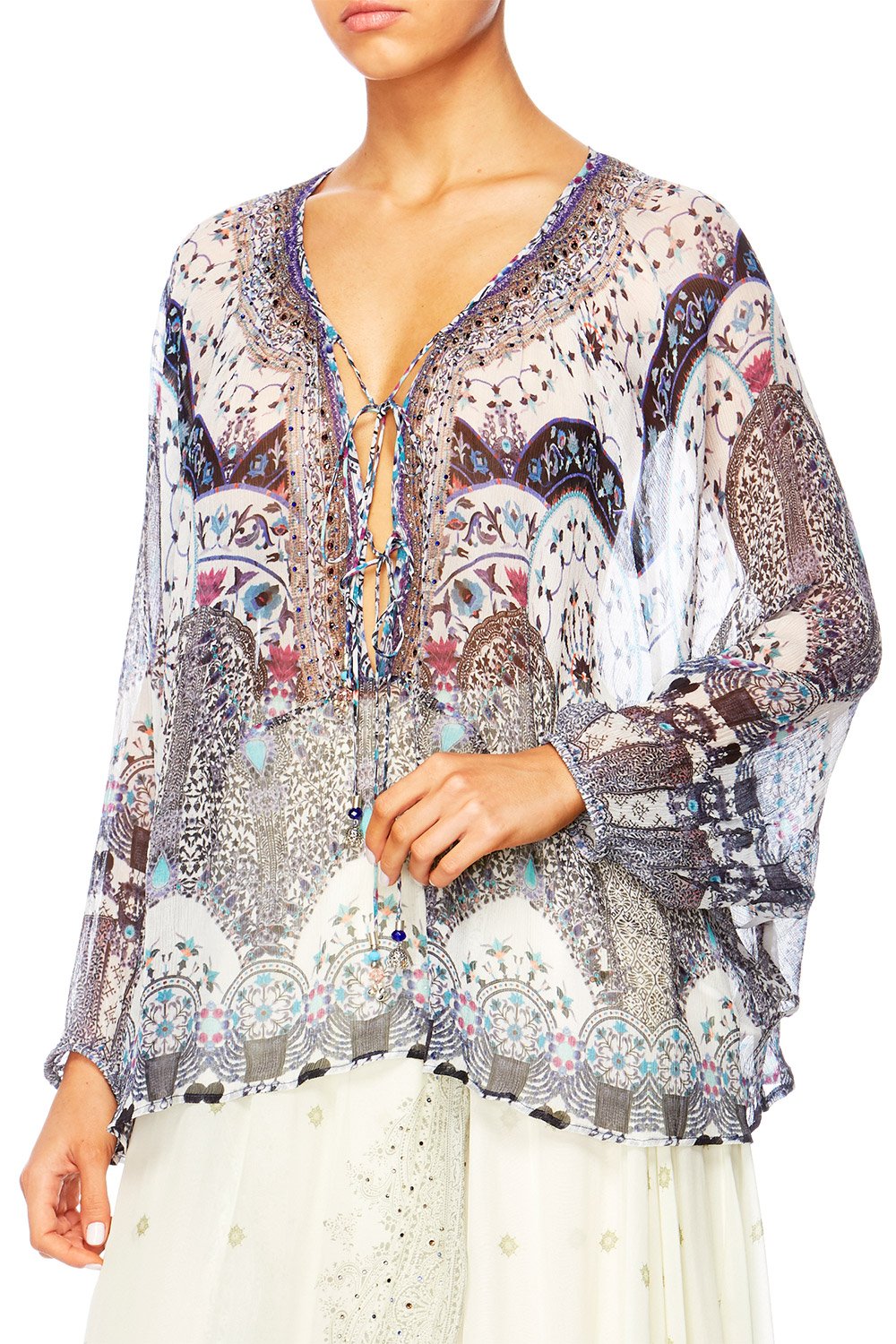 IN THE CONSTELLATIONS TIE FRONT HIGH LOW HEM BLOUSE