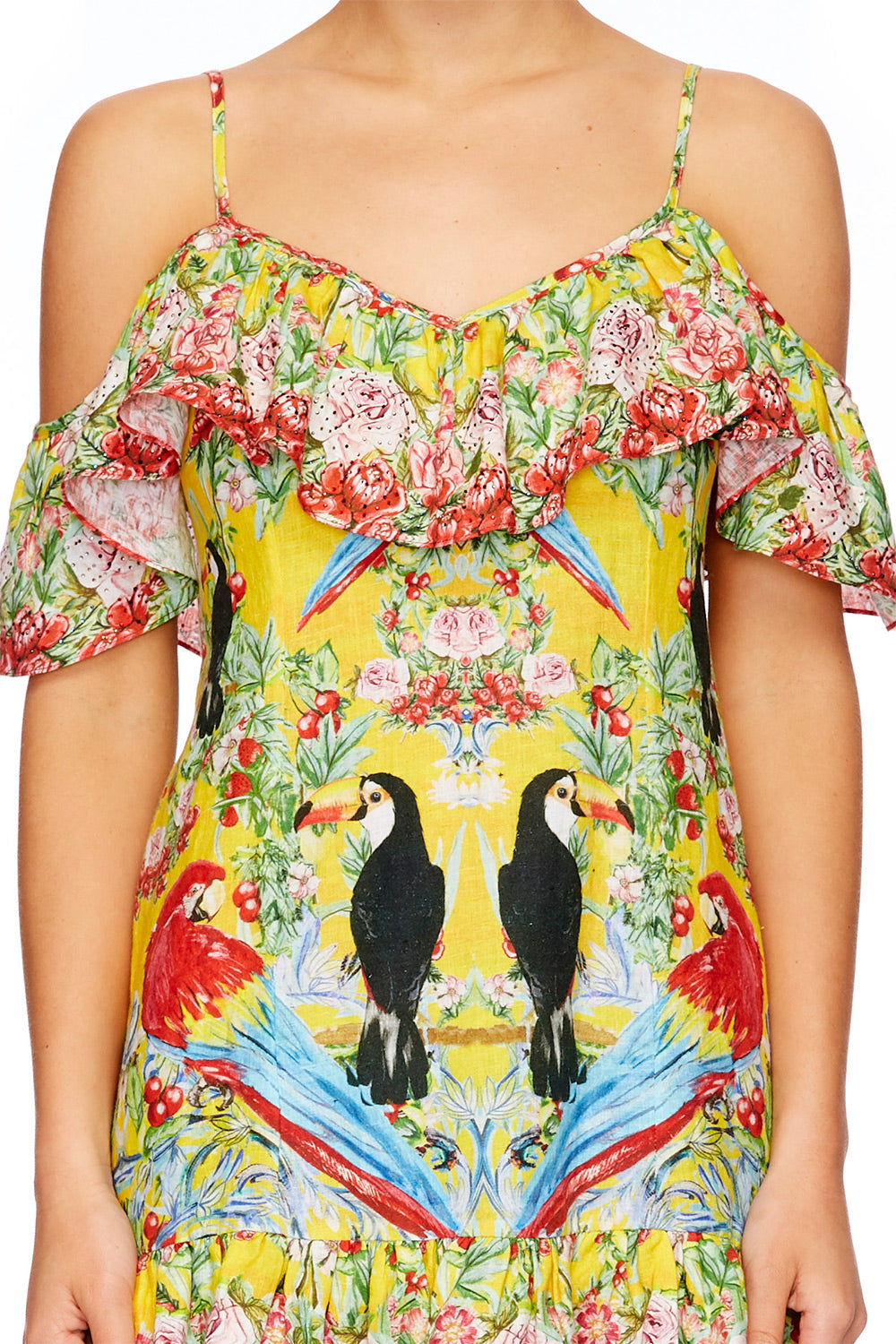 LOVE BIRDS LOW V BACK DRESS W FRILL