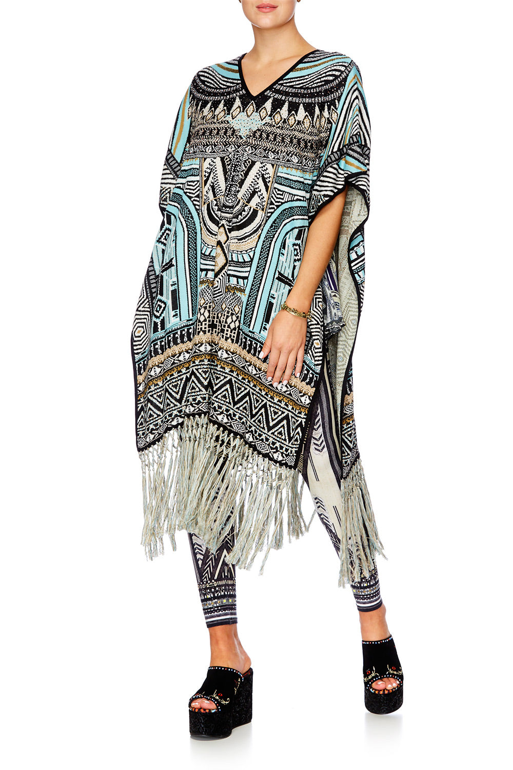 RUNAWAY READY LONG V NECK PONCHO W FRINGING