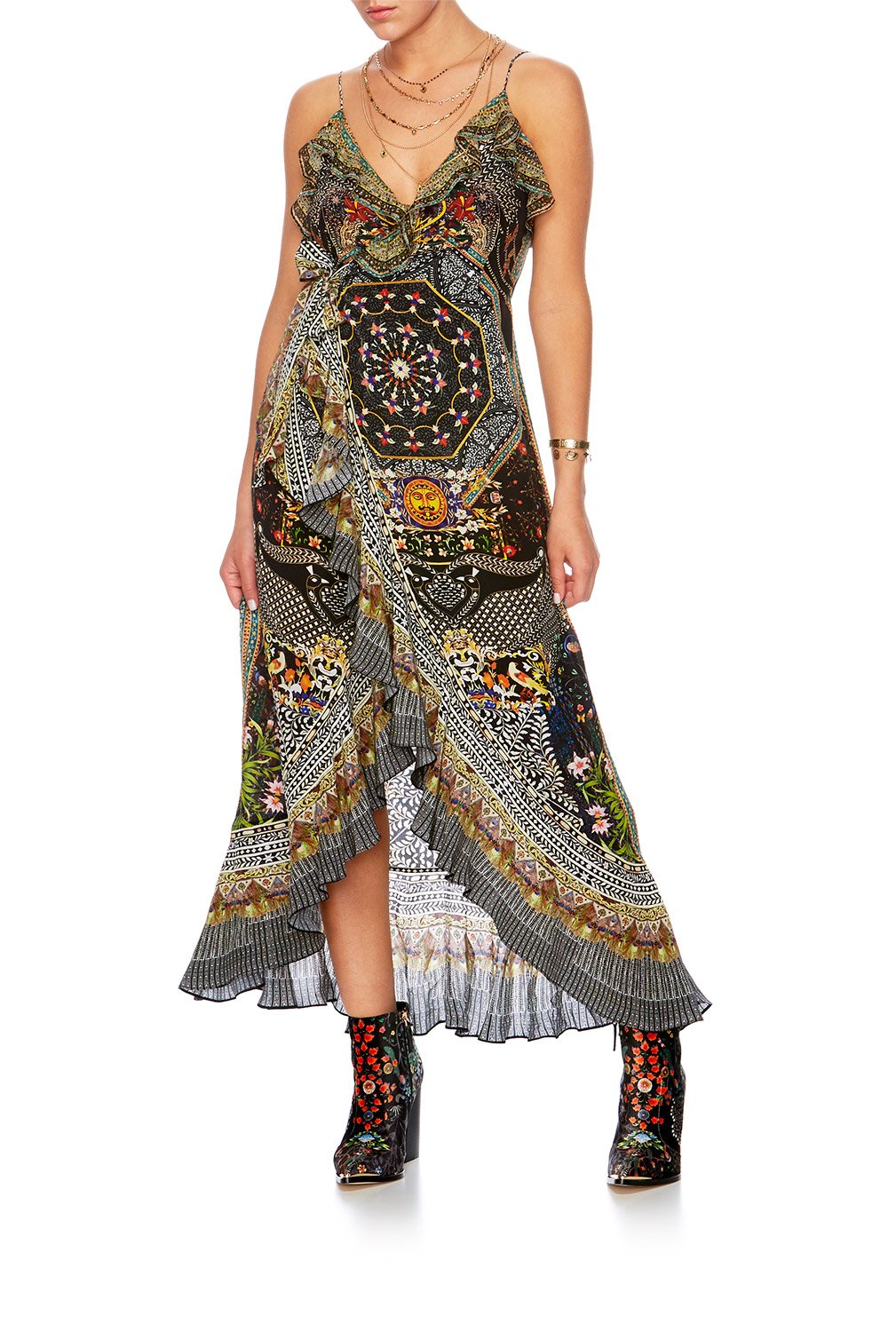 BEHIND CLOSED DOORS LONG WRAP DRESS W FRILL